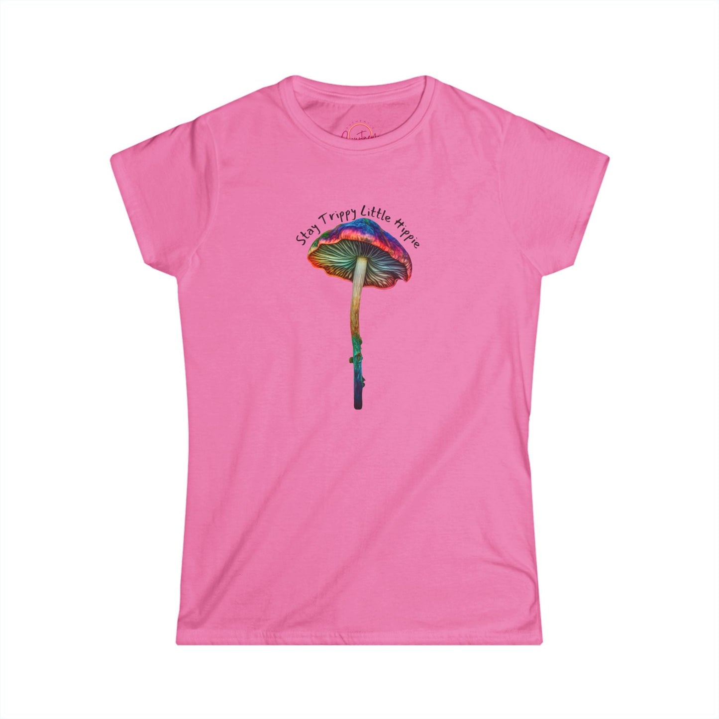 ’Stay Trippy Little Hippie’ Colorful Mushroom Graphic Tee - Azalea / S - T-Shirt