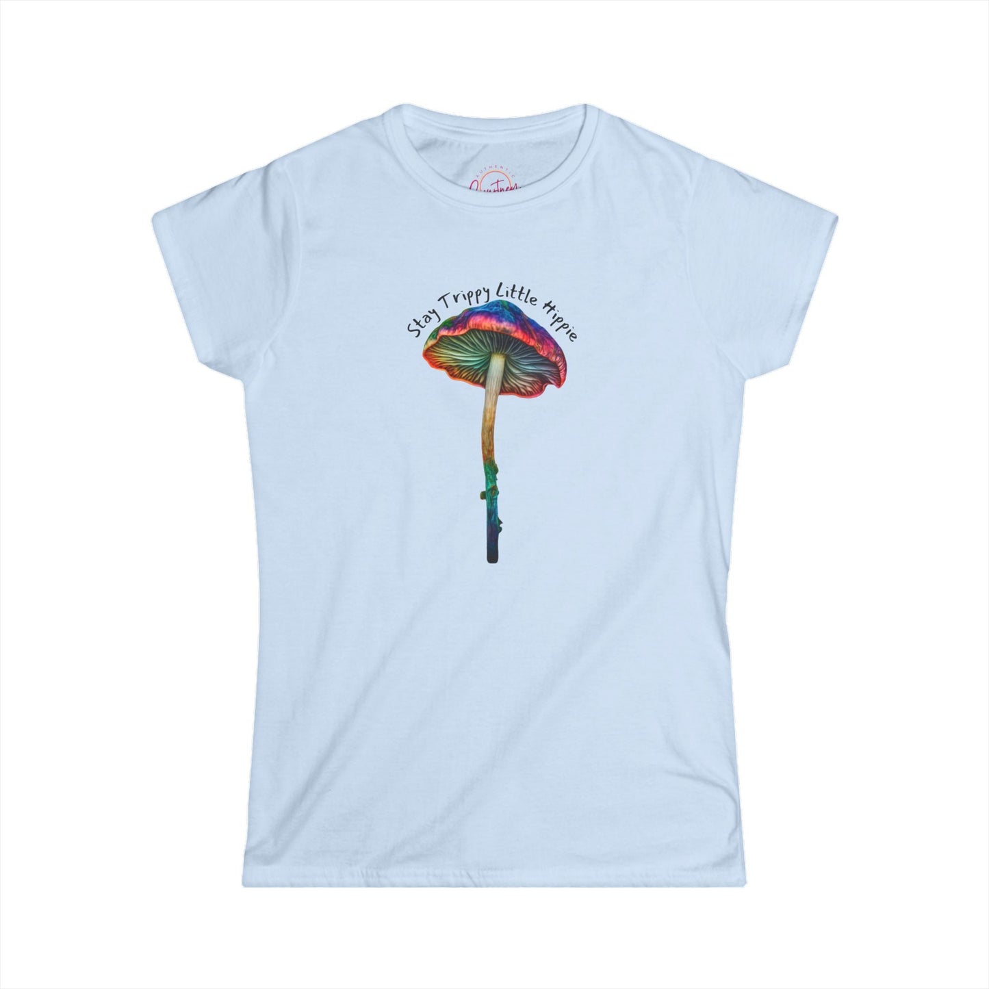 ’Stay Trippy Little Hippie’ Colorful Mushroom Graphic Tee - Light Blue / S - T-Shirt