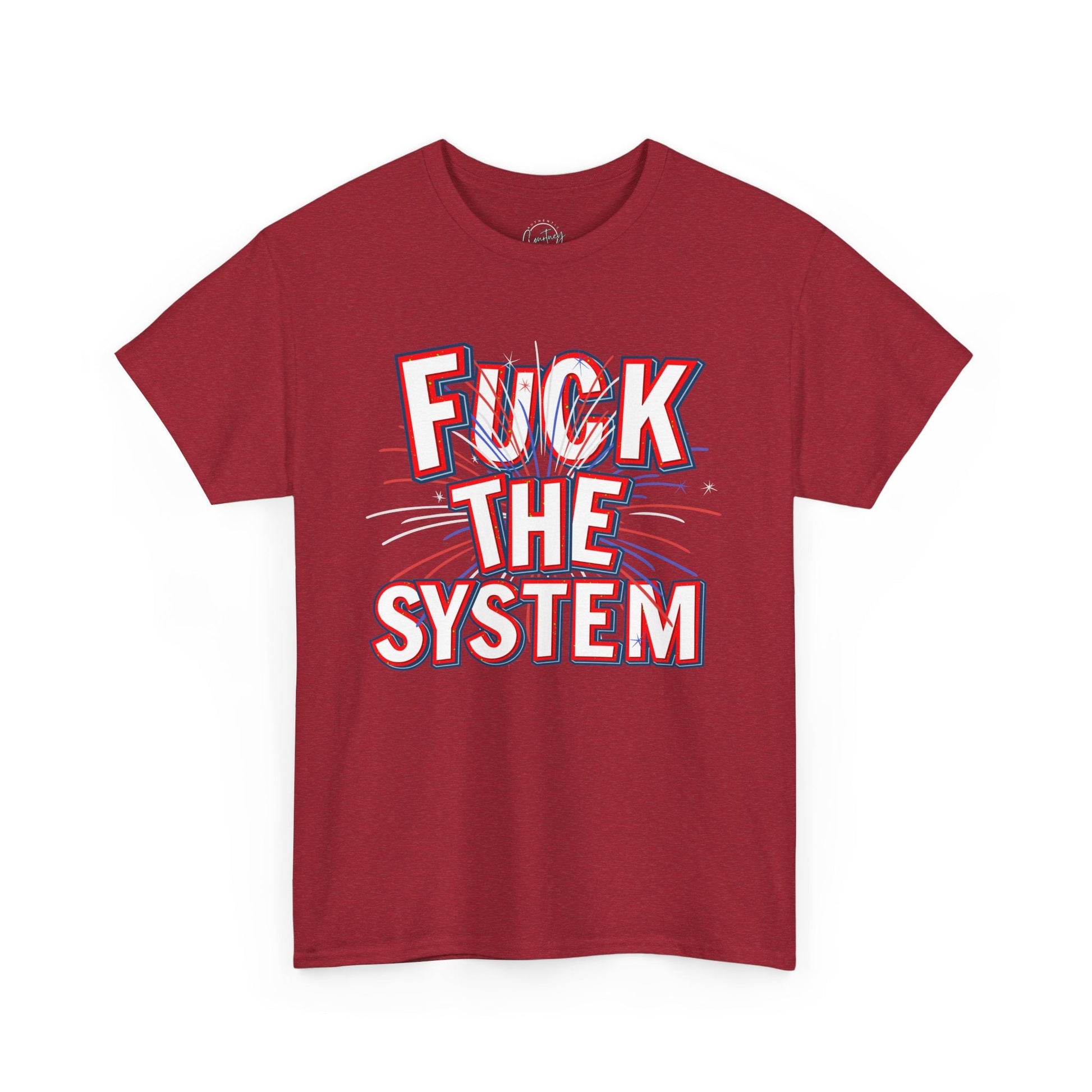 Fuck the System Patriotic T-Shirt | Fireworks Graphic | Bold Independence Tee - Antique Cherry Red / S - T-Shirt