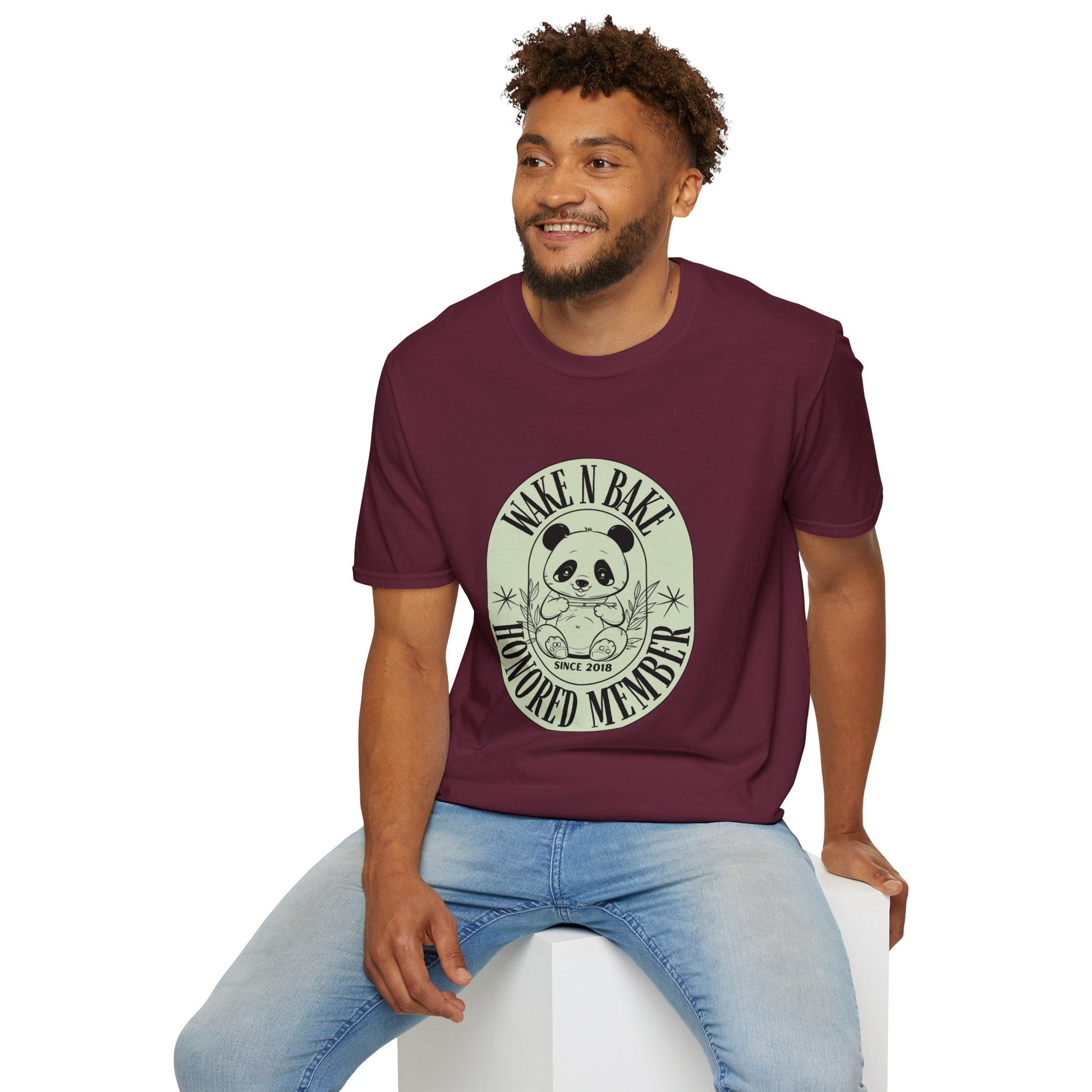 Panda Bear ’Wake and Bake’ Honored Member T-shirt | Funny Cannabis Shirt | Cool Panda Design Tee | Stoner Apparel
