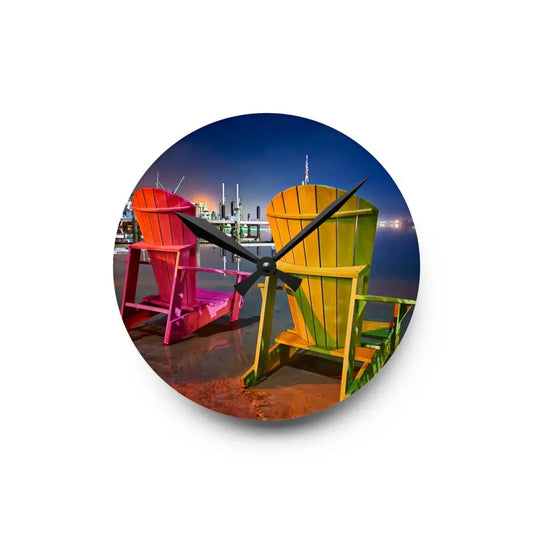 ’Pensacola Bay Beach Chair Breeze’ Original Photography Acrylic Wall Clock - 8’’ × 8’’ (Round) - Home Decor