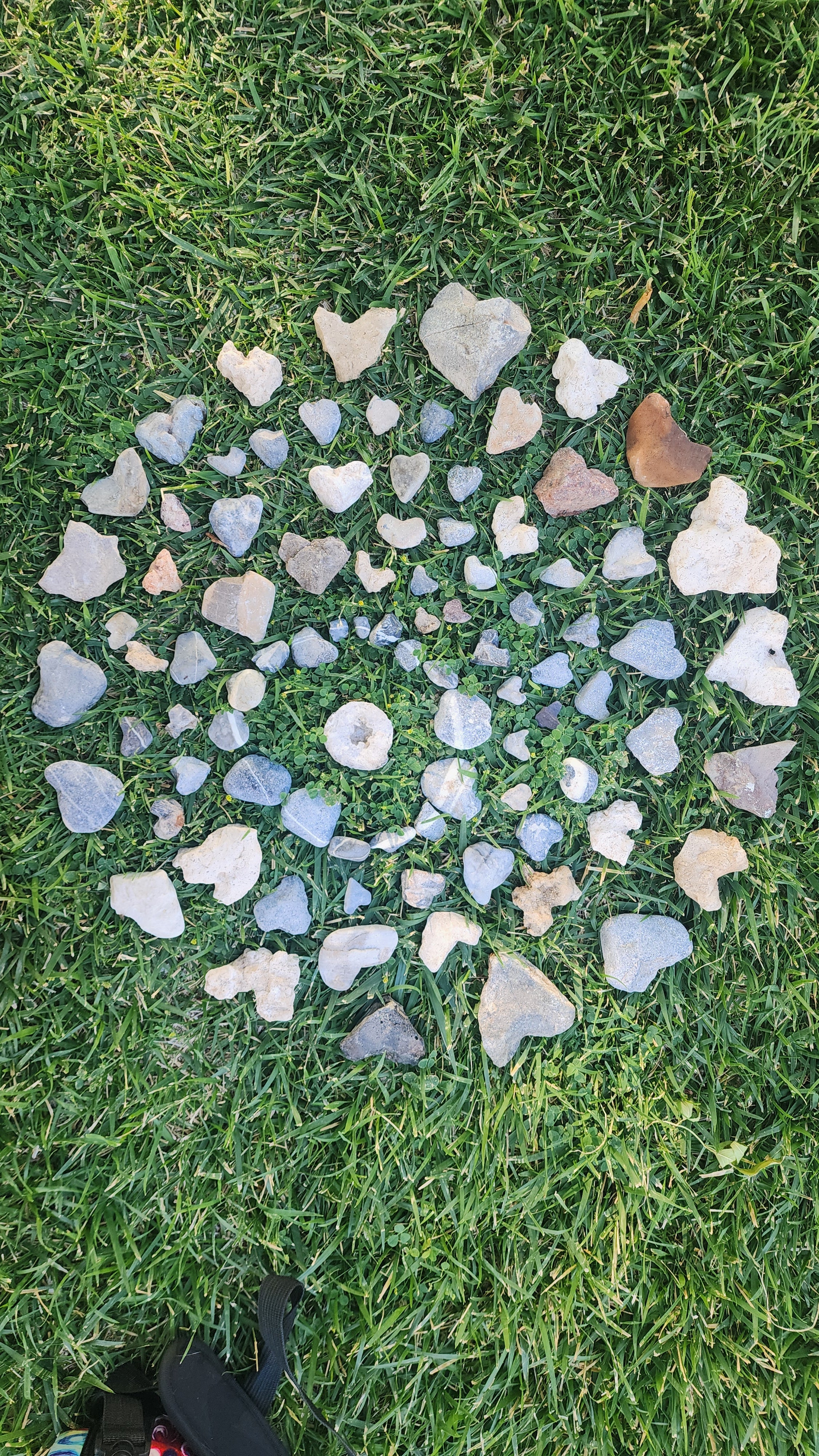 Load video: Video of a mandala made from dozens of natural heart-shaped rocks arranged on green grass. The camera pans over stones of different sizes and colors, symbolizing love and resilience. Showcases authentic Love Rocks available in the shop as unique nature-made gifts and healing reminders