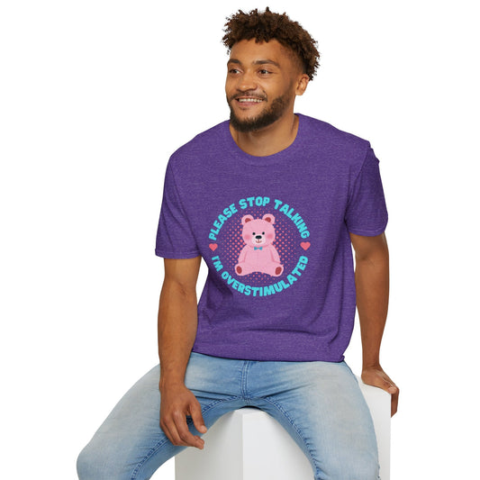 Softstyle Bear Graphic T-Shirt - ’Please Stop Talking I’m Overstimulated’ - S / Heather Purple - T-Shirt