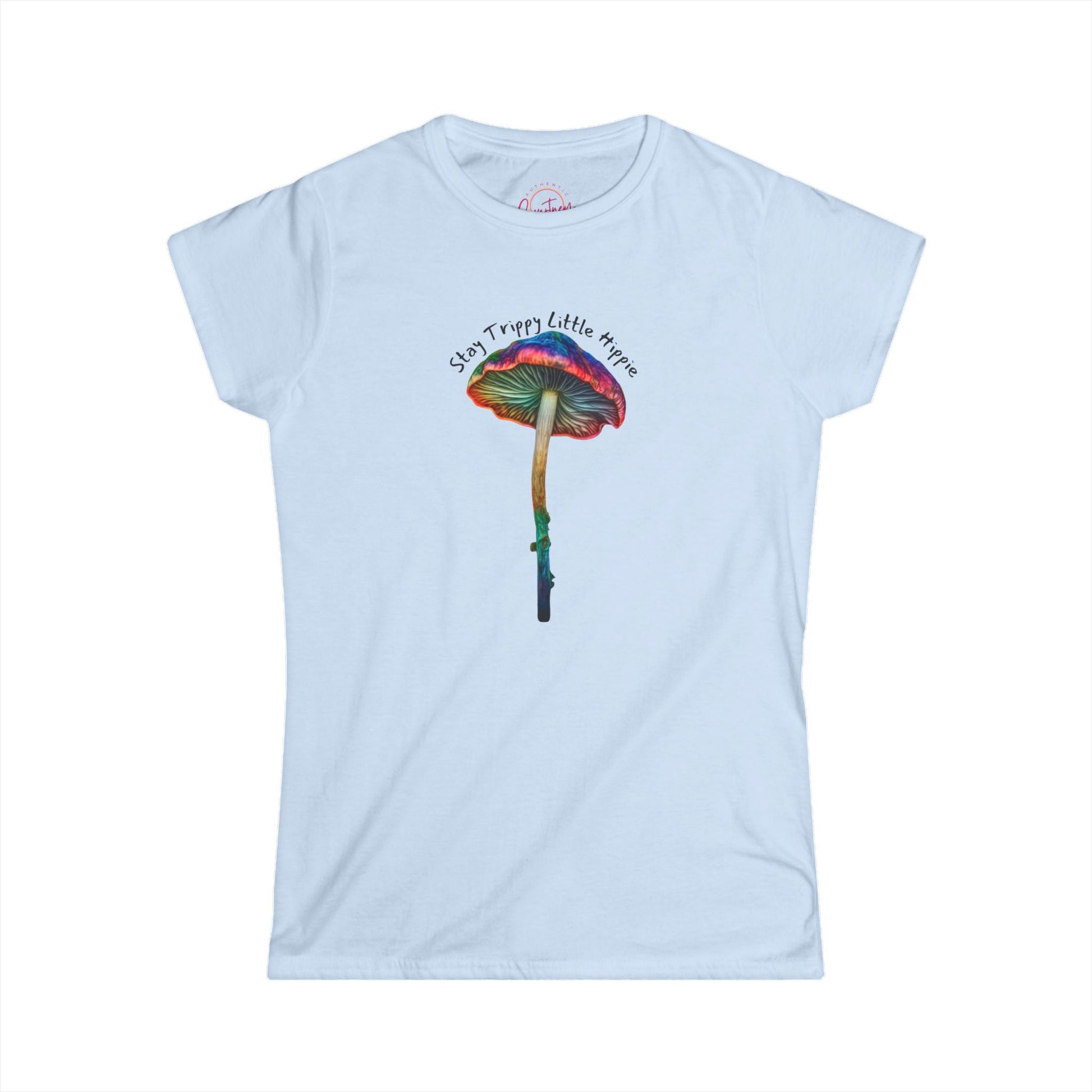 ’Stay Trippy Little Hippie’ Colorful Mushroom Graphic Tee - Light Blue / S - T-Shirt