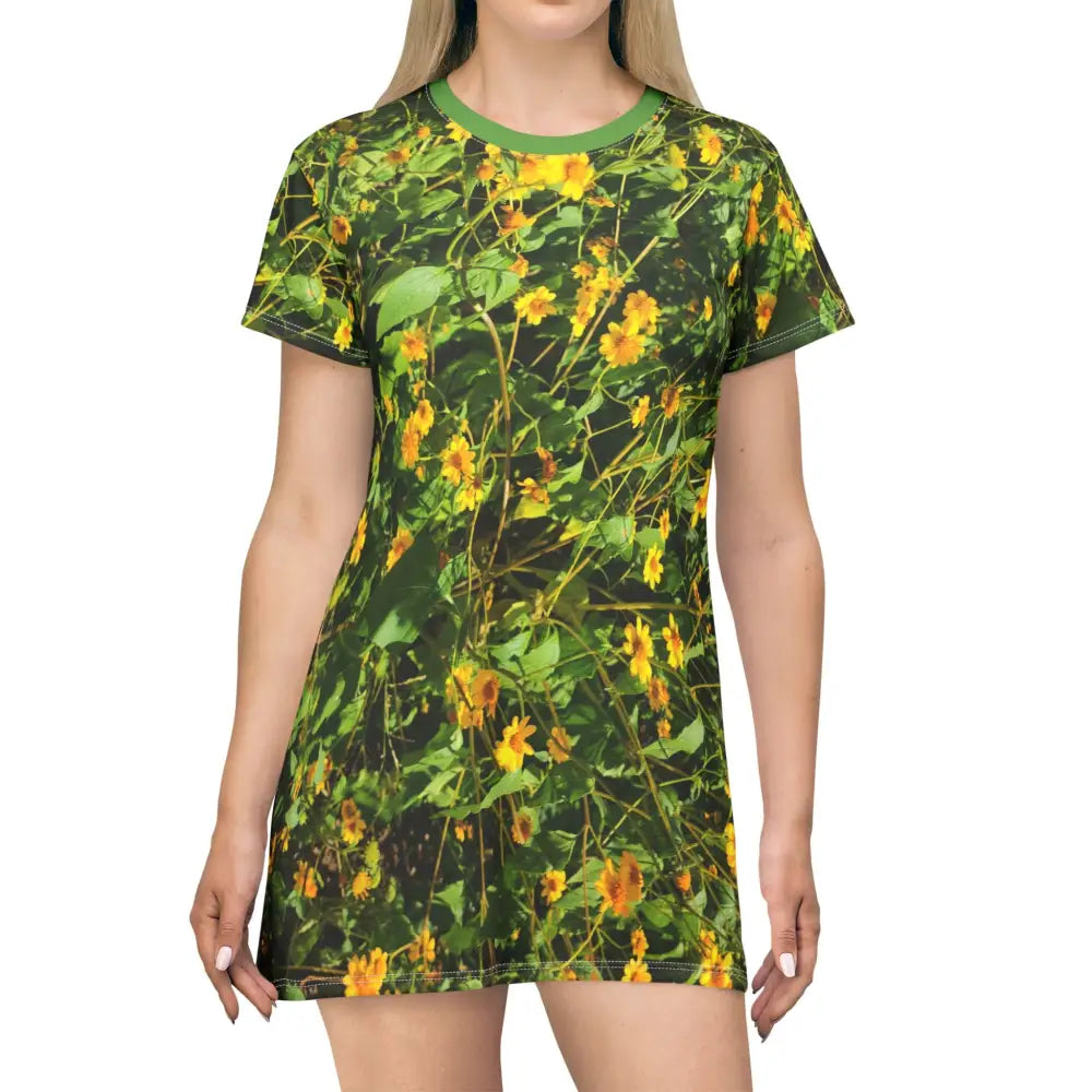Verdant Wildflower Women’s T-Shirt Dress with a beautiful wildflower print, perfect for casual and stylish outings.