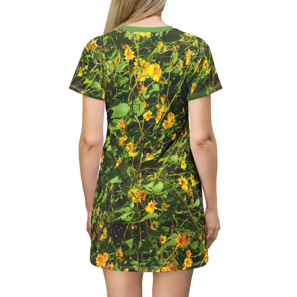 Verdant Wildflower Women’s T-Shirt Dress with a beautiful wildflower print, perfect for casual and stylish outings.